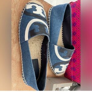 Tory Burch Women's Denim Espadrille Flats with White & Black Overlay